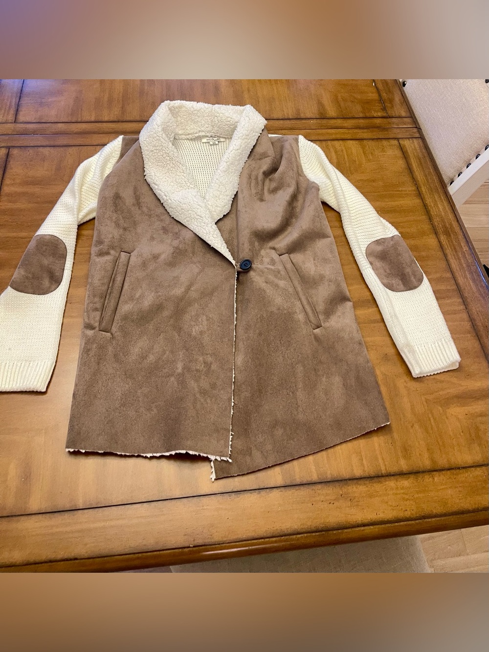 Simply Noelle Brown Suede Lambswool Sherpa Vest with Cream Knit /Patch Sleeves